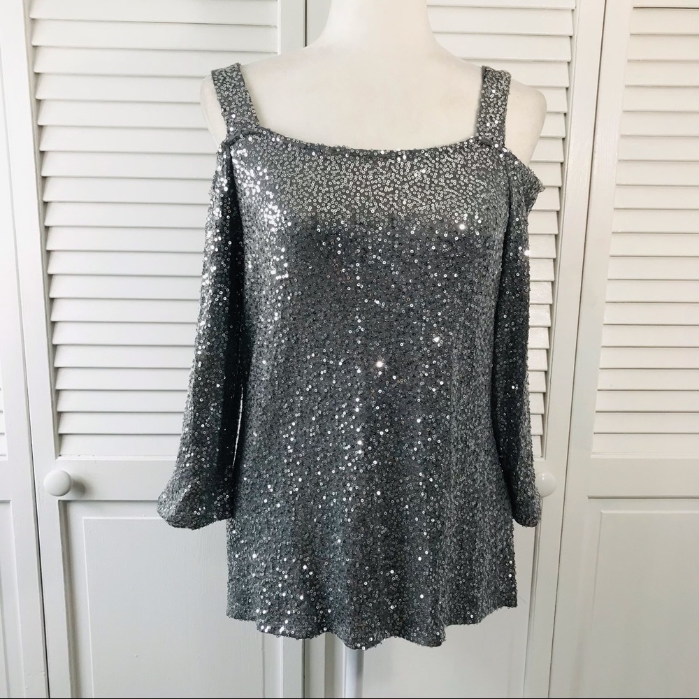 New INC Silver Gray Cold Shoulder Sequin Top Size Medium